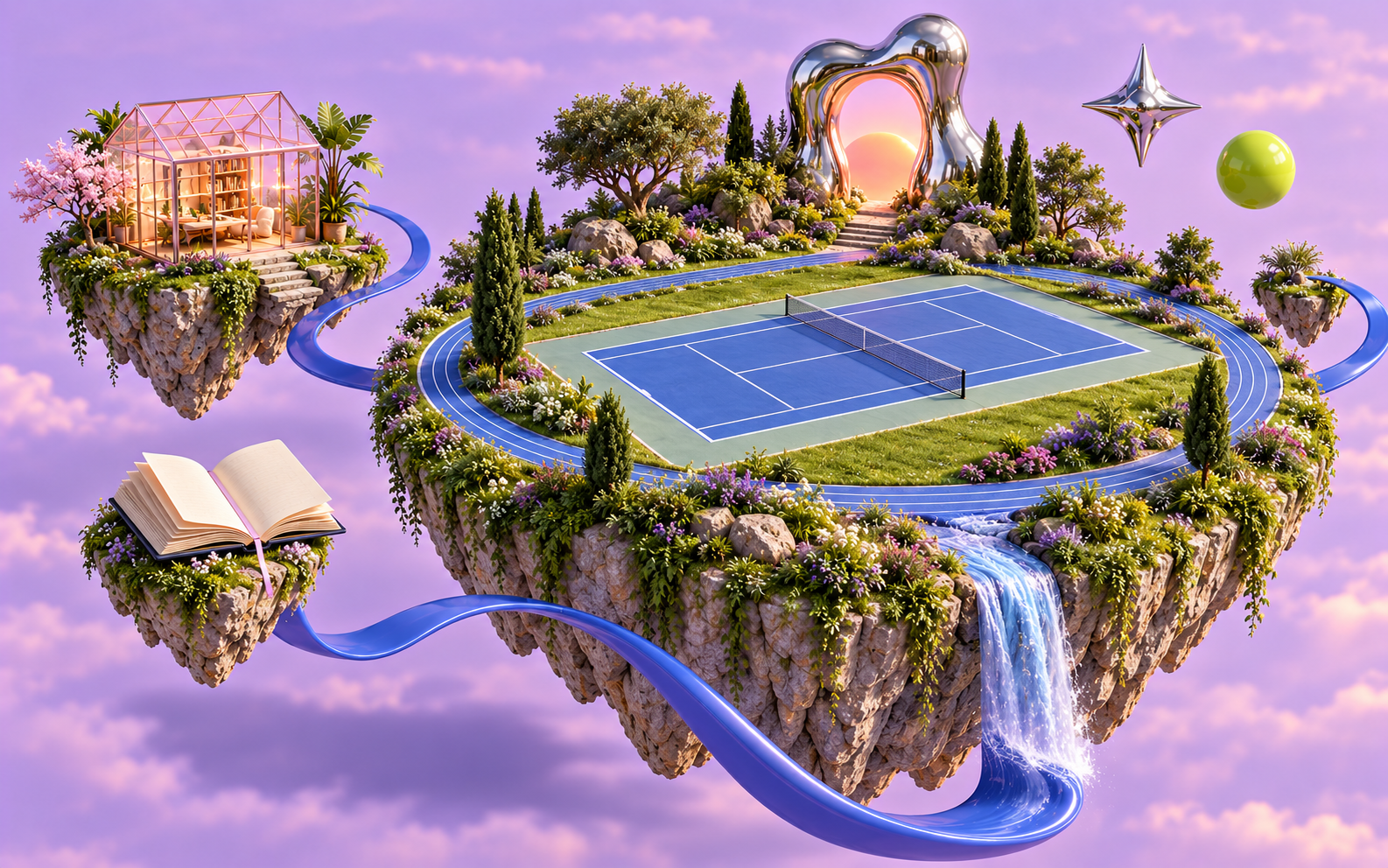 Un mundo imaginario entre nubes violetas: una isla flotante con una pista de tenis azul, un circuito de atletismo, árboles y una cascada.